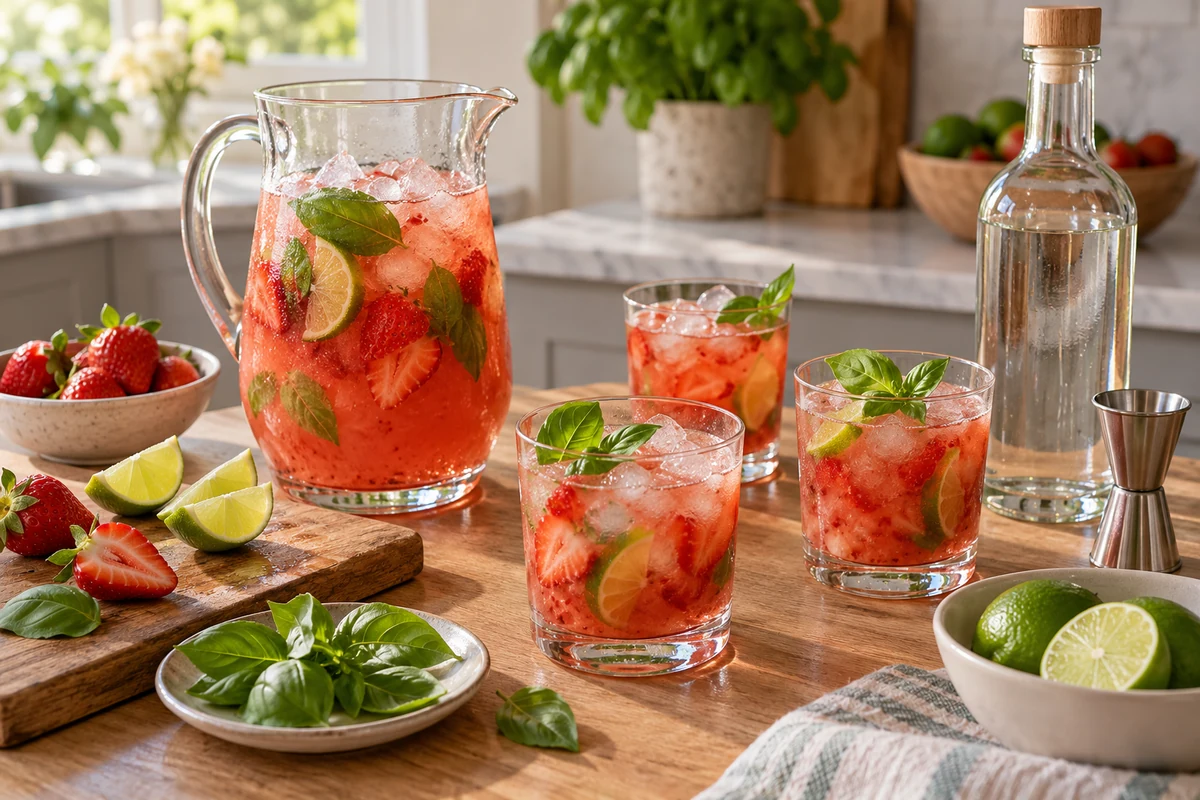 Jug and glasses of strawberry and basil caipirinha Jug and glasses of strawberry and basil caipirinha