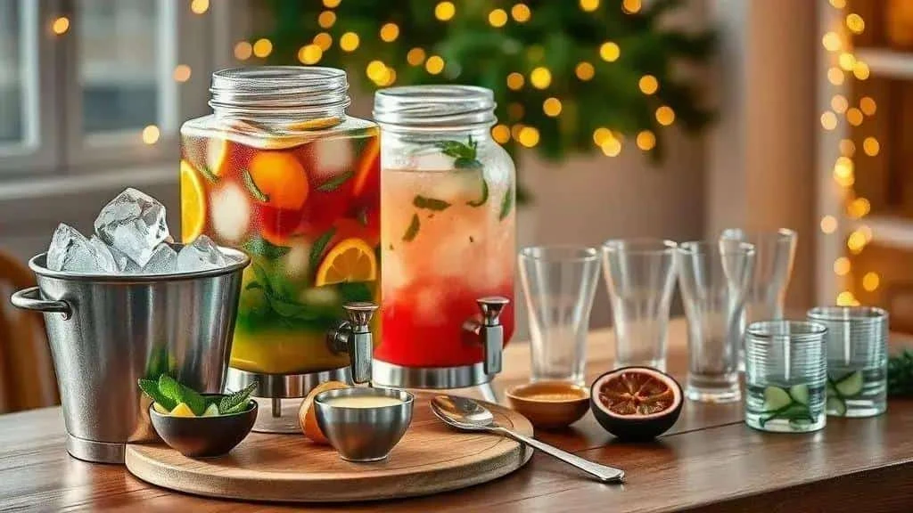 Jugs of fruit drinks arranged for party service Jugs of fruit drinks arranged for party service