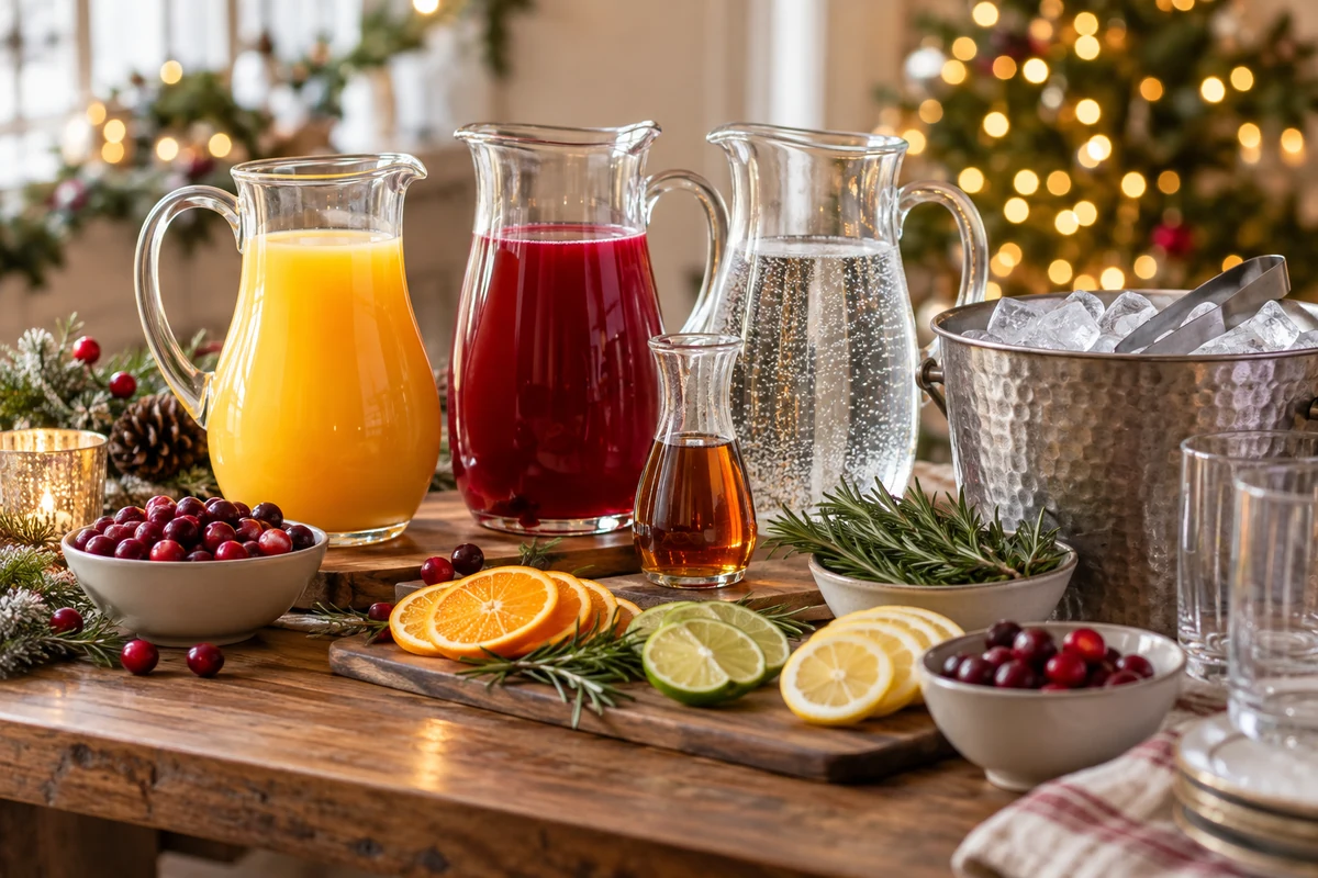 Juices and sparkling water at a drinks station