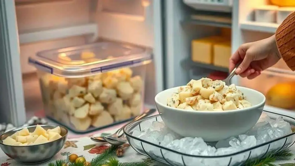 Keeping a bowl of potato salad chilled over ice