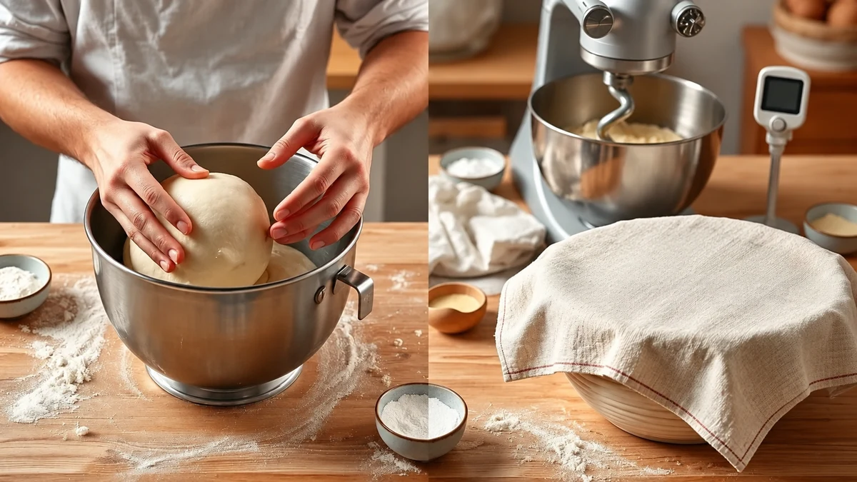 Kneading panettone dough beside a mixer and covered proofing bowl