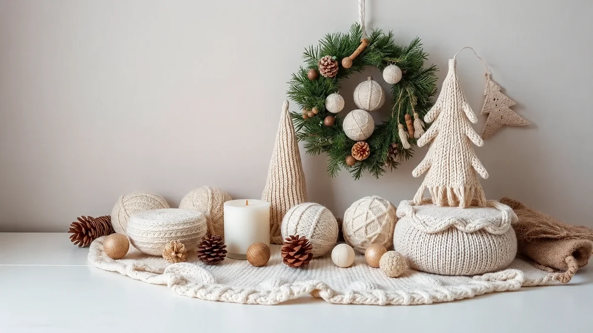Knitted ornaments and unlit candle Knitted ornaments and unlit candle