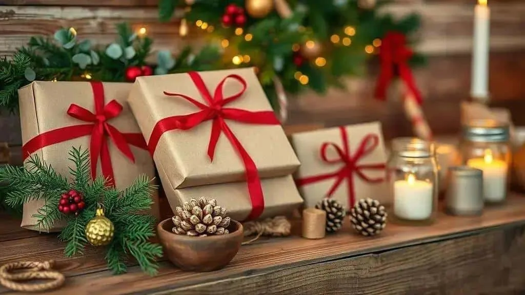 Kraft-paper presents with festive ribbons