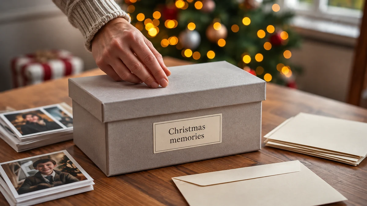 Labelled Christmas memory box with photographs and envelopes
