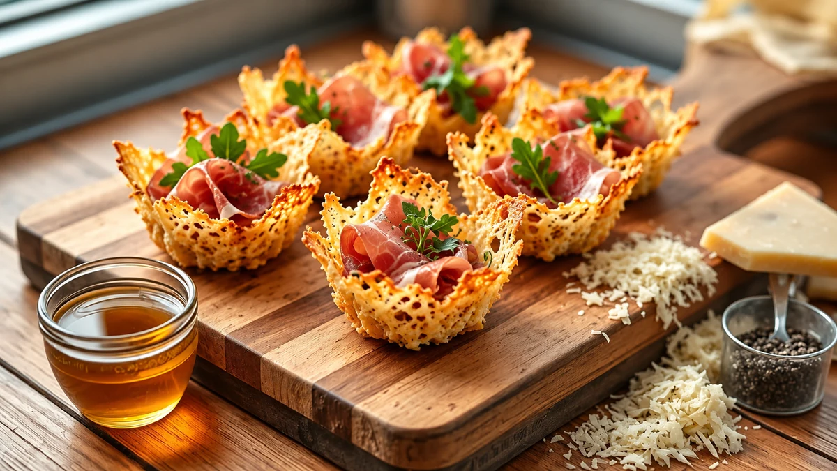 Lacy Parmesan baskets filled with prosciutto and herbs Lacy Parmesan baskets filled with prosciutto and herbs
