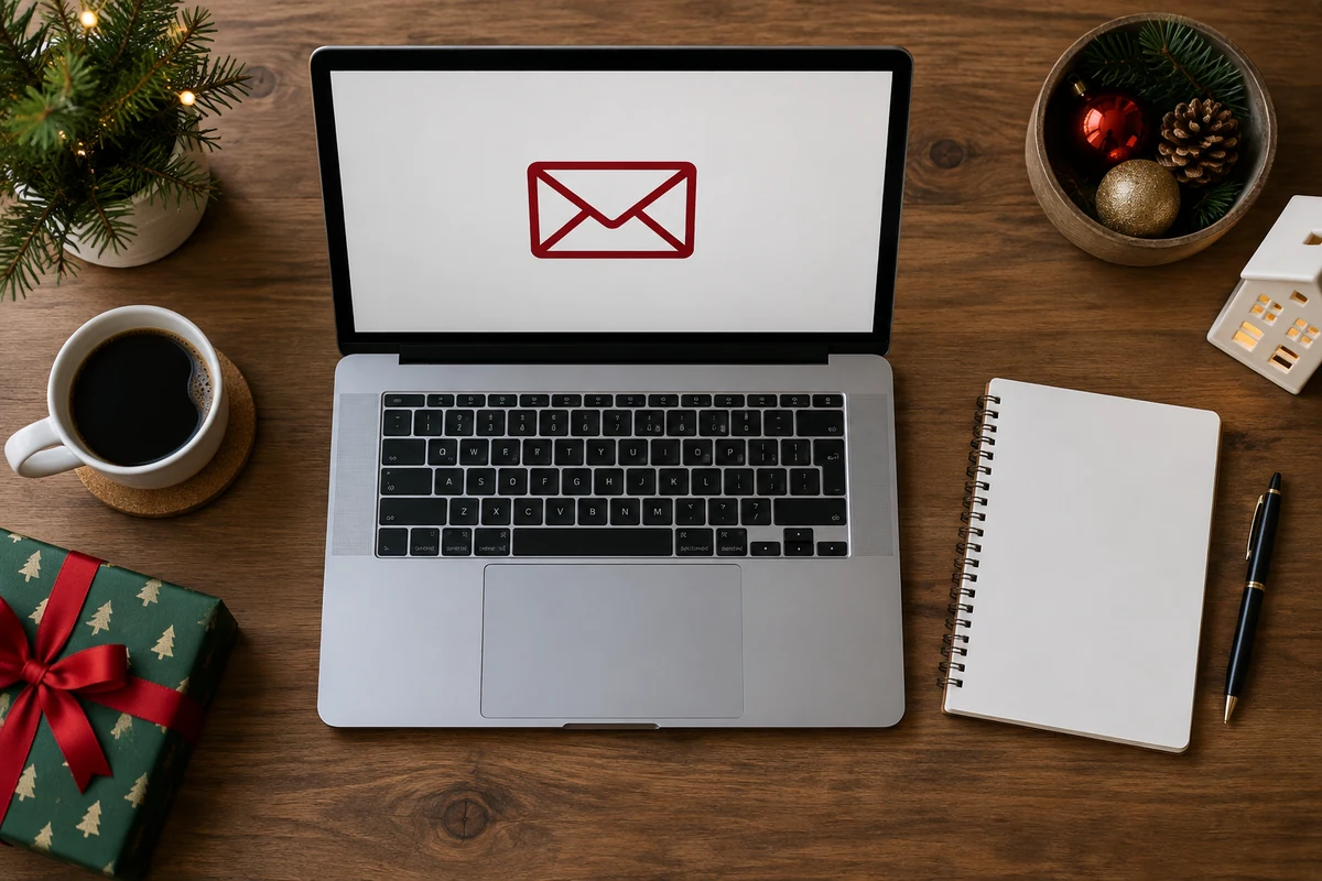 Laptop displaying an envelope symbol beside a notebook Laptop displaying an envelope symbol beside a notebook