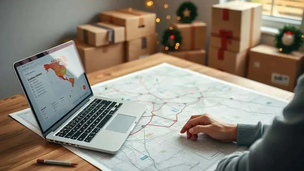 Laptop maps and parcels for Christmas logistics