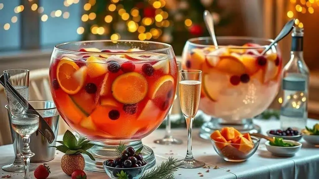 Large bowls of sparkling fruit punch for a party