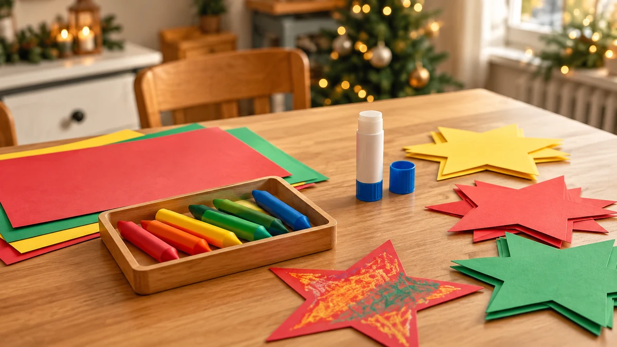 Large paper shapes and chunky crayons prepared for Christmas crafts
