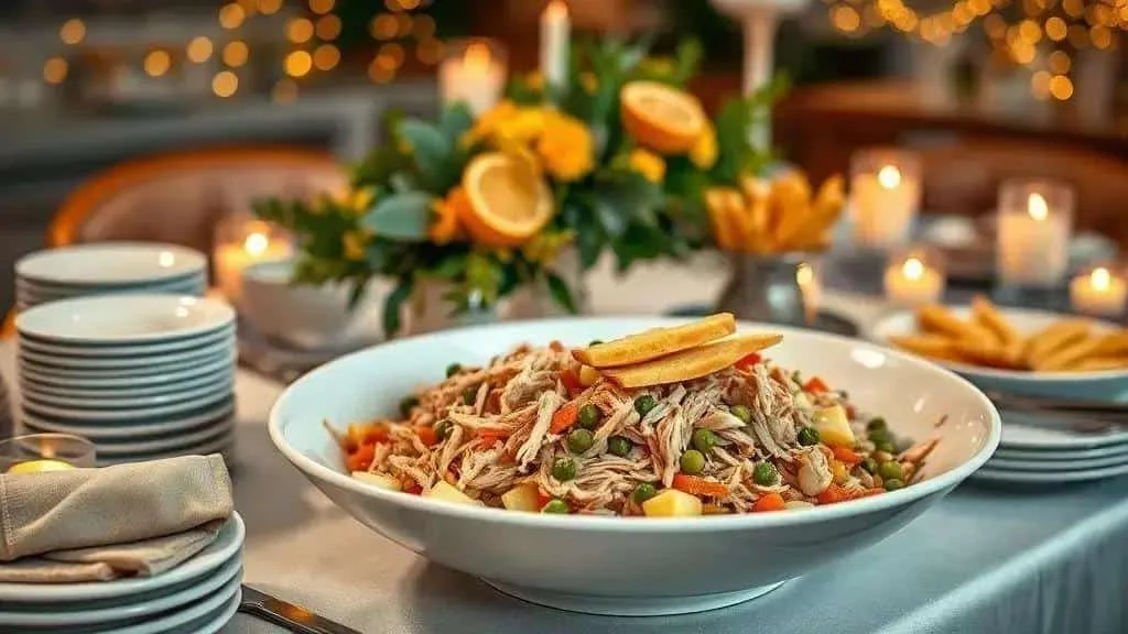 Large platter of chicken salpicao on a festive buffet table