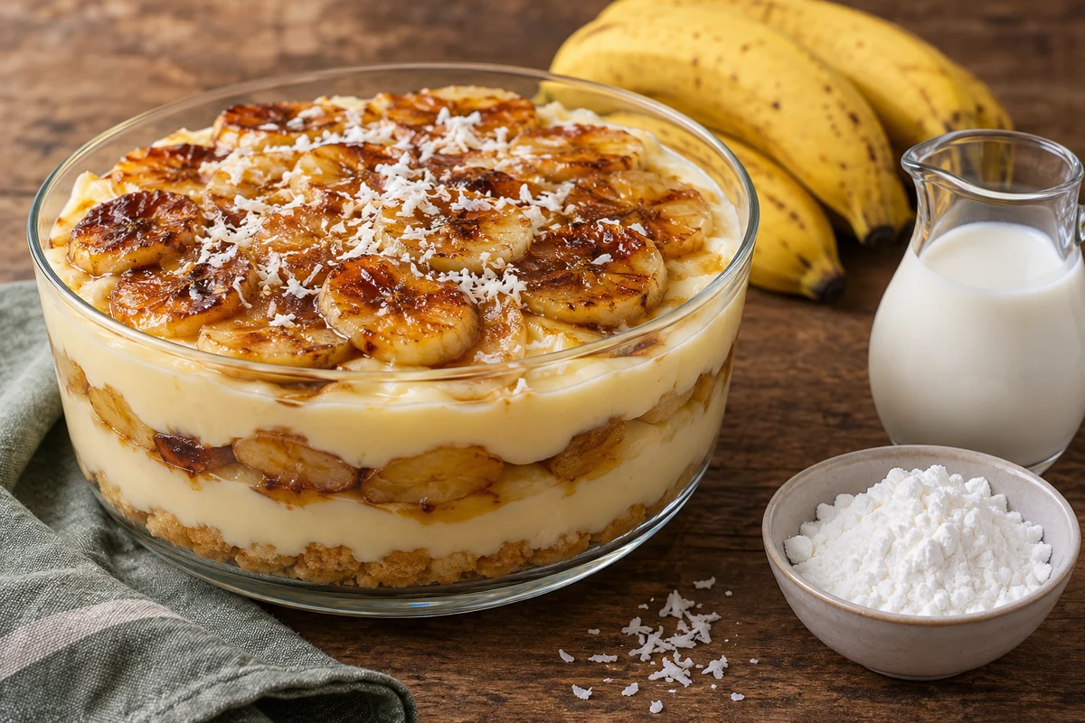 Layered banana coconut cream dessert beside bananas and coconut Layered banana coconut cream dessert beside bananas and coconut