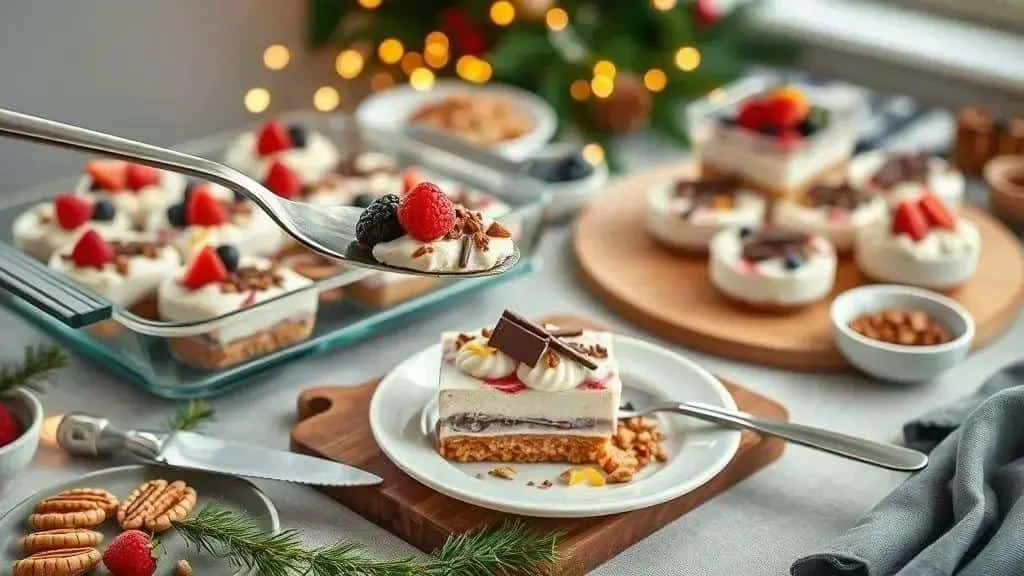 Layered Christmas desserts with fruit, cream and biscuit crumbs Layered Christmas desserts with fruit, cream and biscuit crumbs