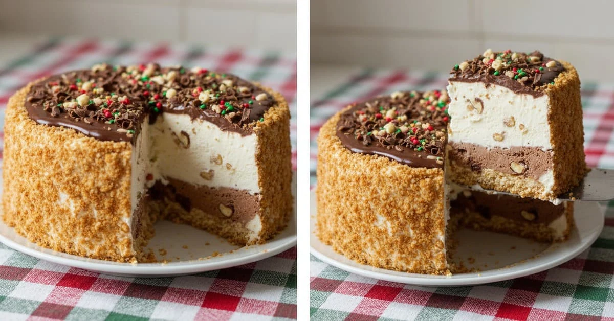 Layered Christmas ice cream cake with a chocolate topping