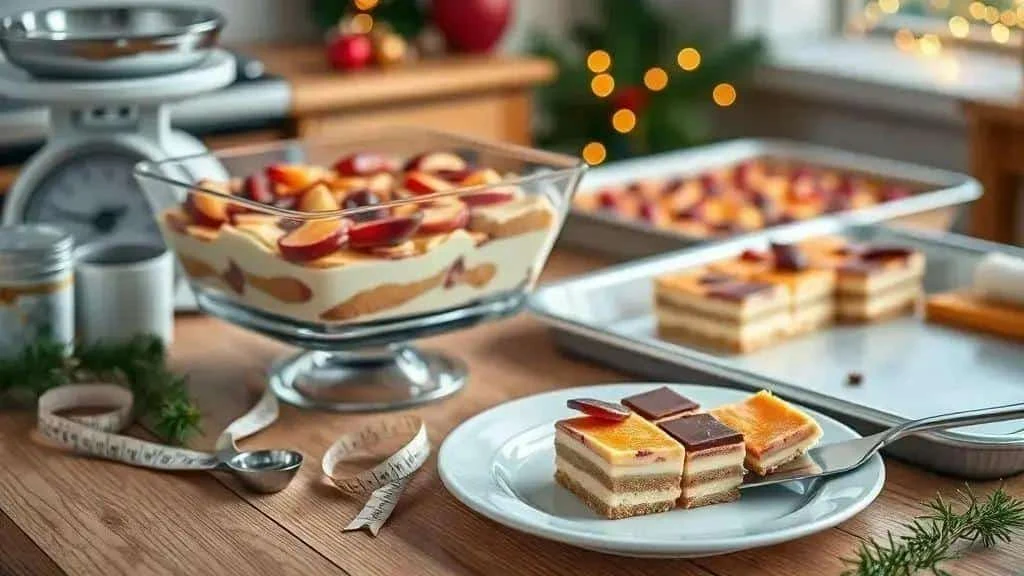 Layered desserts with serving slices and kitchen measuring tools Layered desserts with serving slices and kitchen measuring tools
