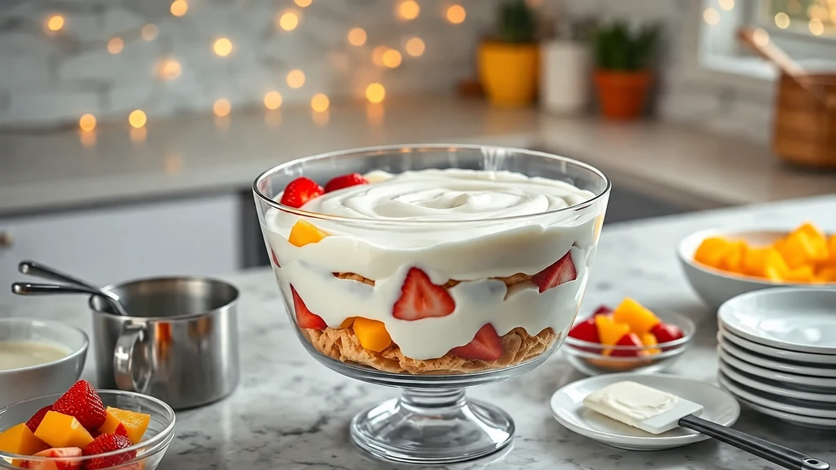 Layered fruit and vanilla cream pave in a glass bowl