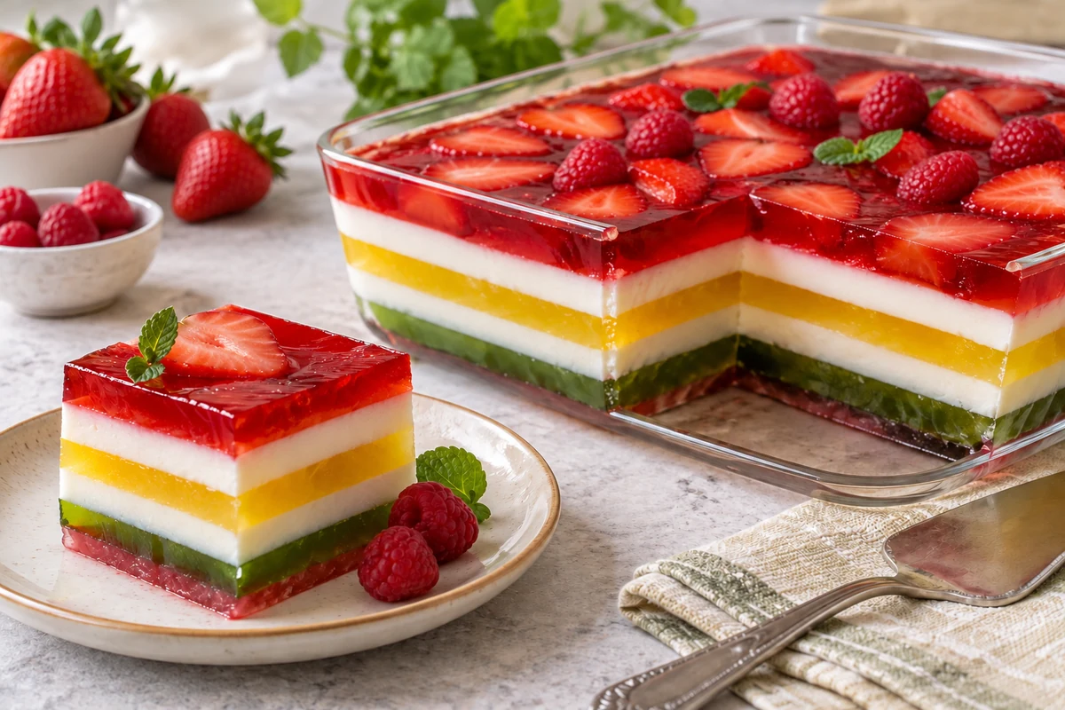 Layered rainbow jelly with a creamy white milk layer