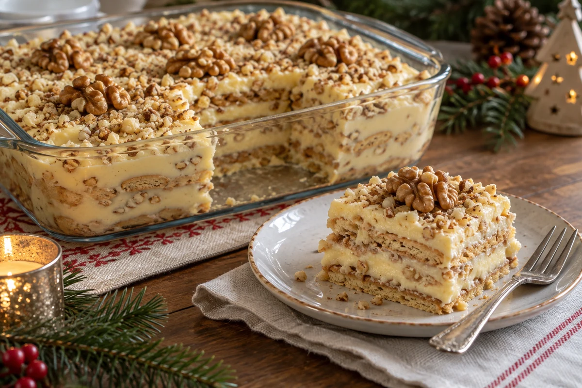 Layered walnut pave in a glass dessert dish