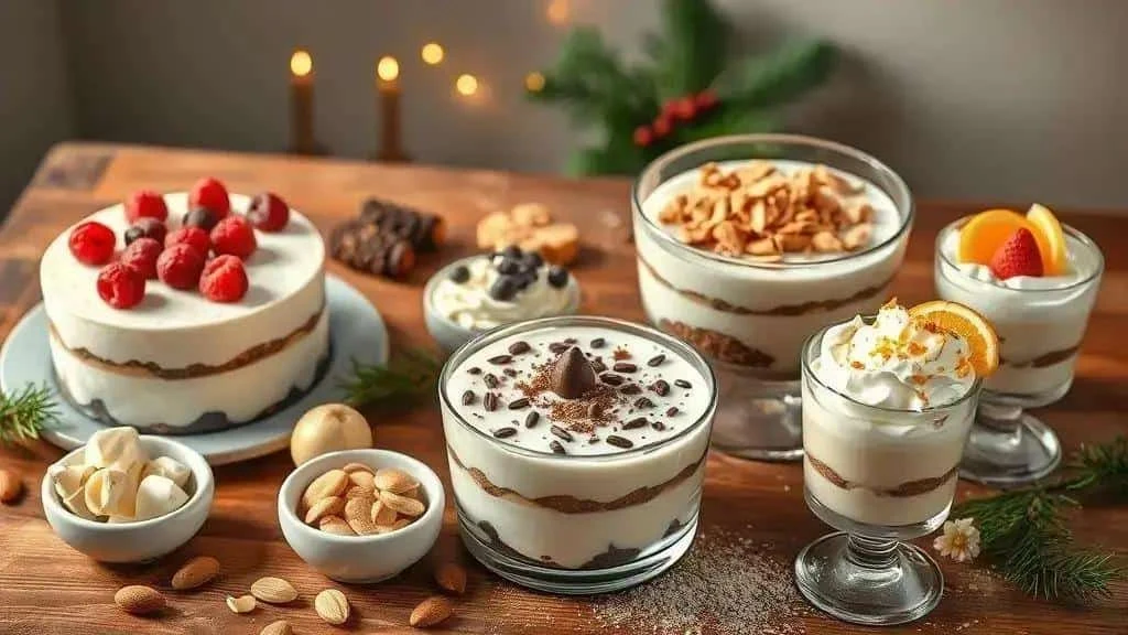 Layered white chocolate desserts with berries, chocolate and nuts