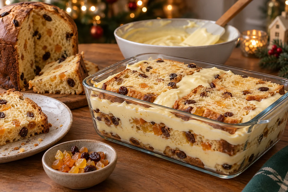 Layering fruit panettone and vanilla cream