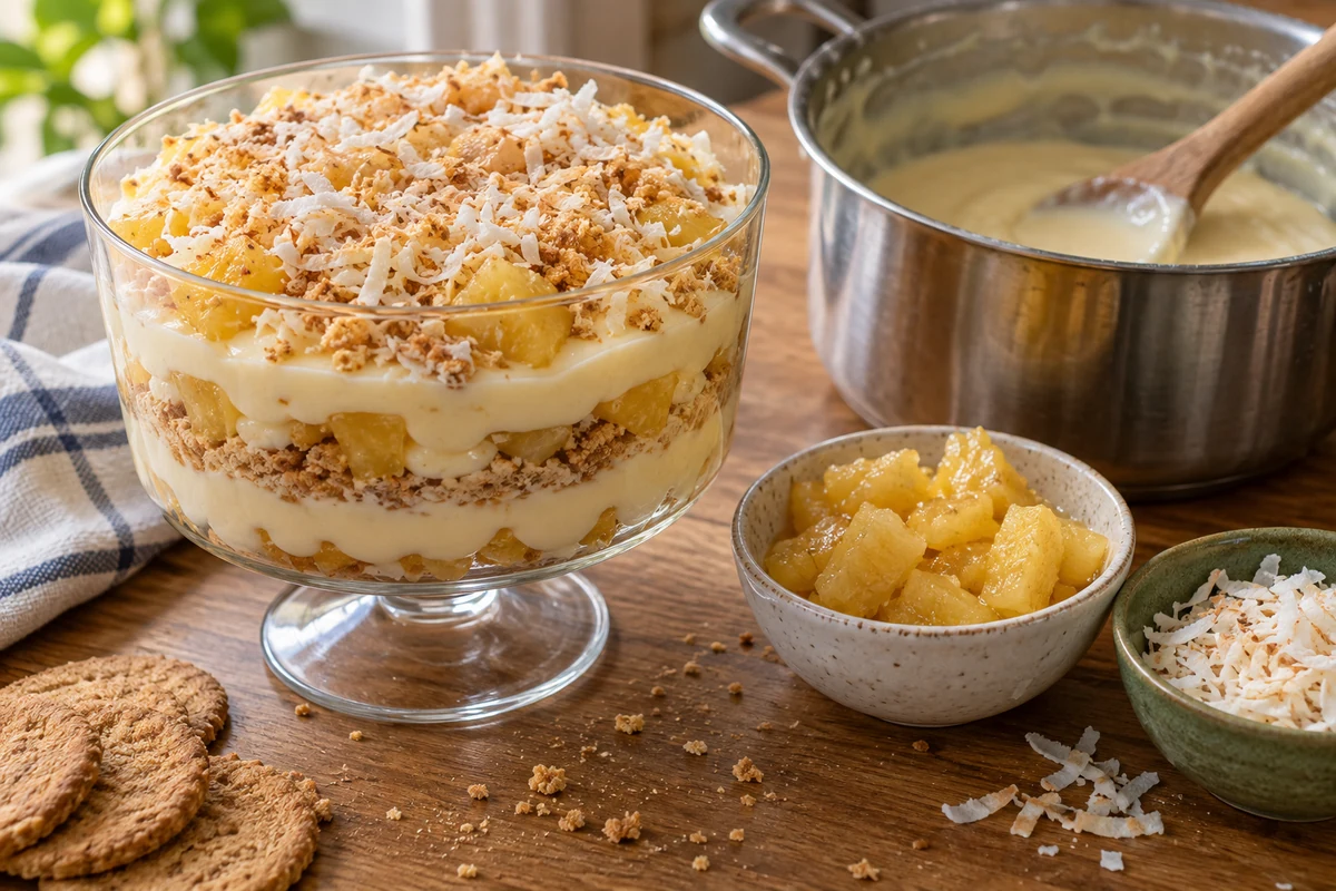 Layering pineapple custard and biscuit crumbs Layering pineapple custard and biscuit crumbs