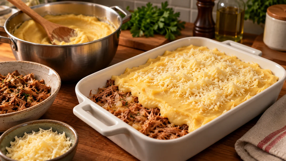 Layering shredded pork and arracacha mash