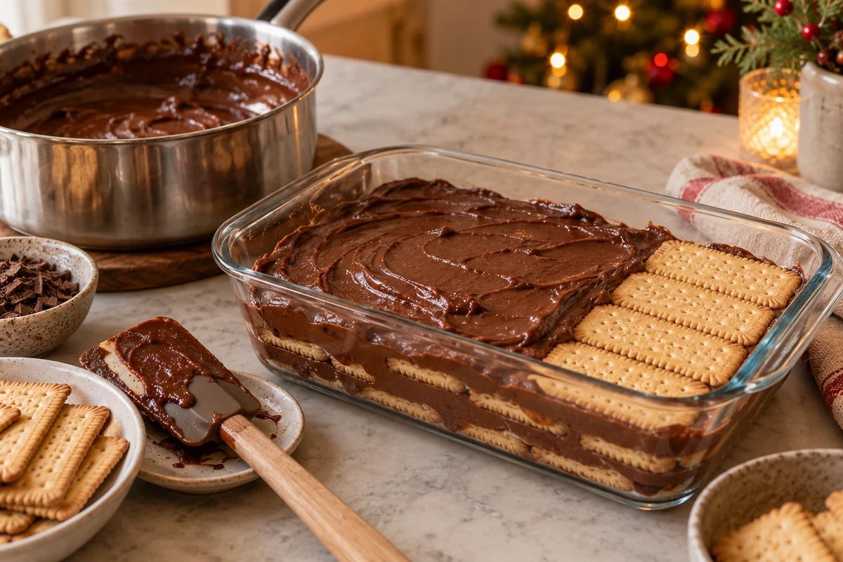 Layering tea biscuits and chocolate cream in a glass dish