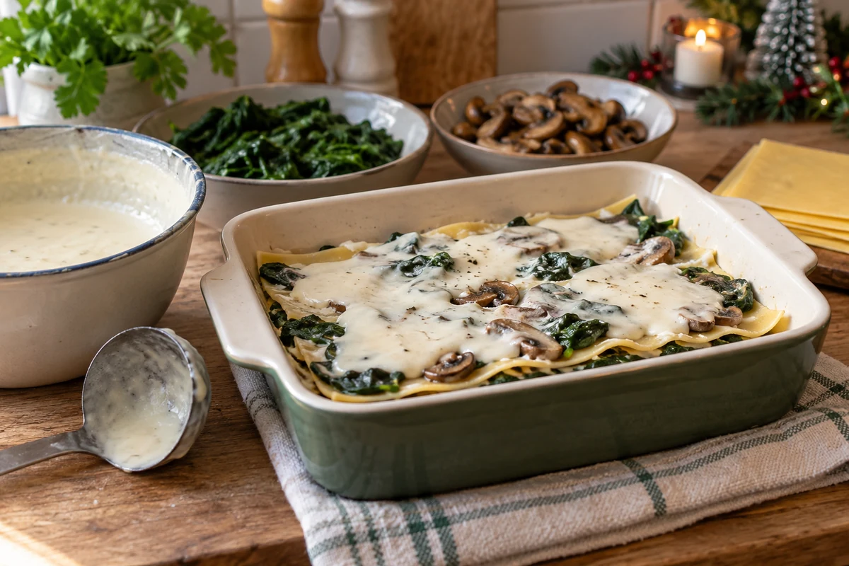 Layering vegetarian lasagne with bechamel sauce