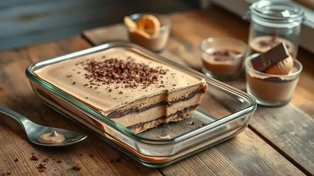 Layers of chocolate cream and biscuits in a serving dish Layers of chocolate cream and biscuits in a serving dish