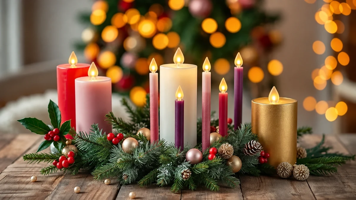 LED candle display with Christmas greenery LED candle display with Christmas greenery