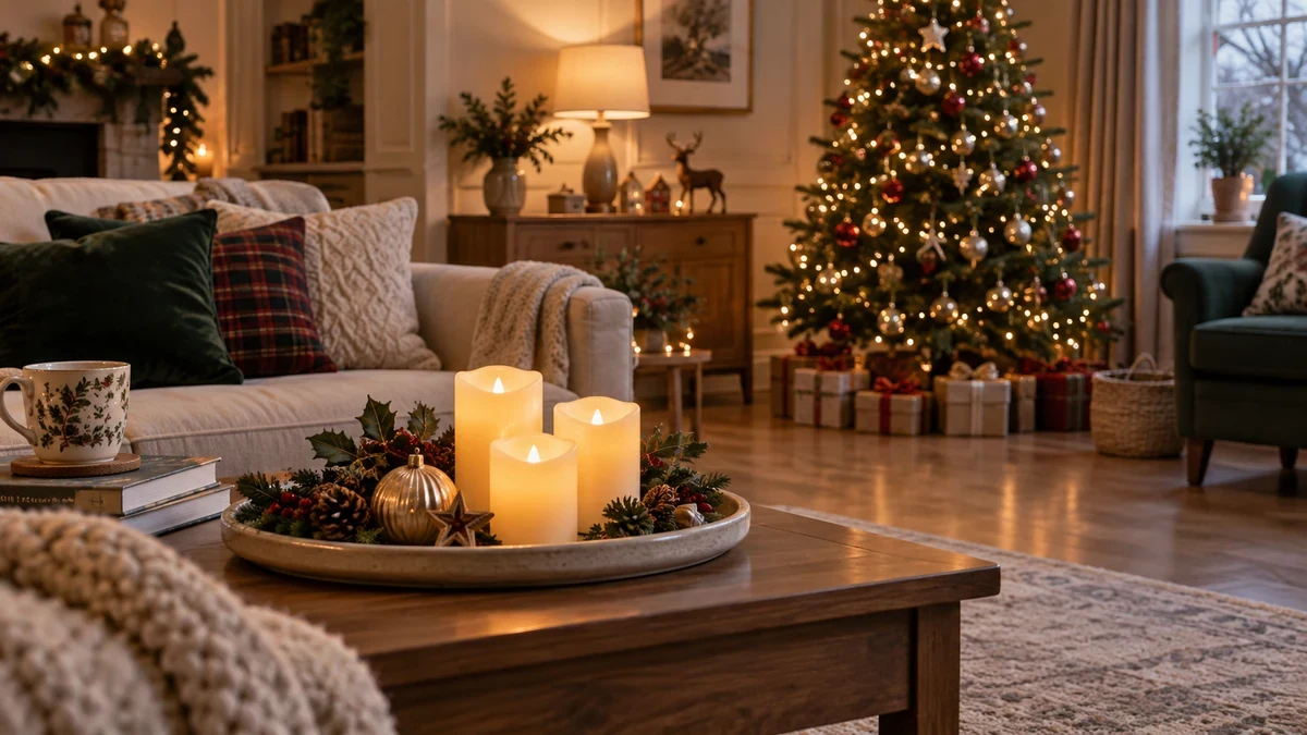 LED candles on a tray in a Christmas sitting room