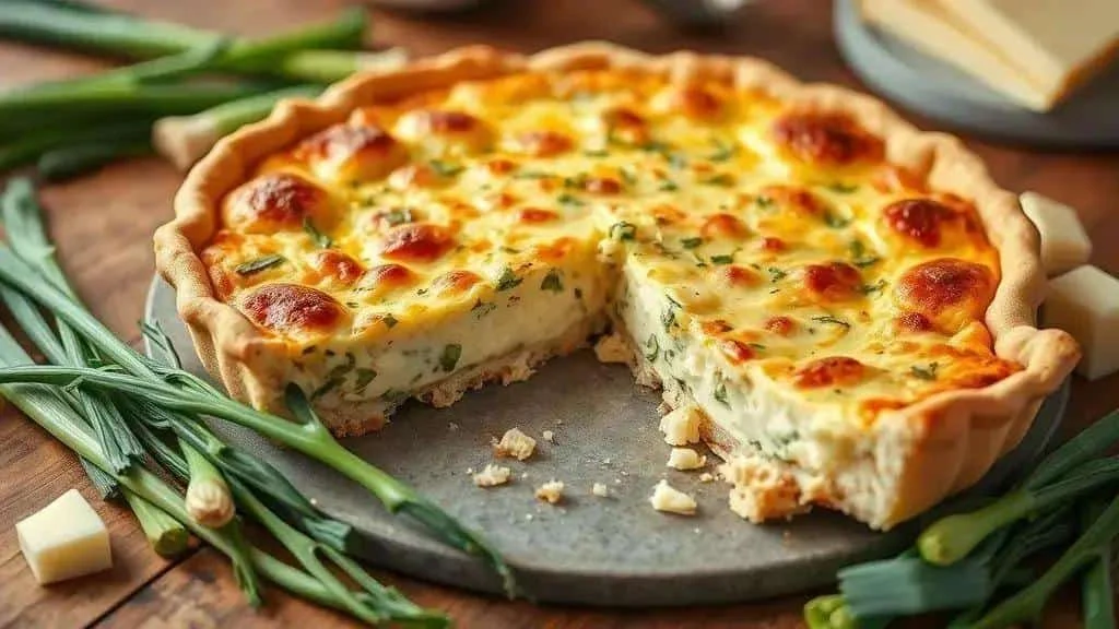 Leek and cream cheese quiche on a serving board