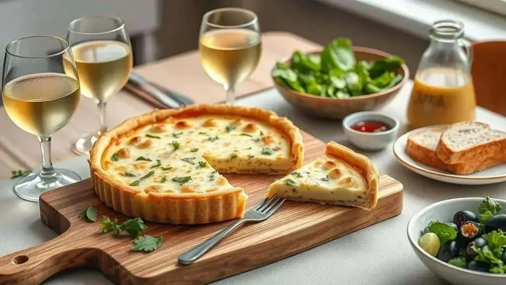 Leek quiche served with salad and bread