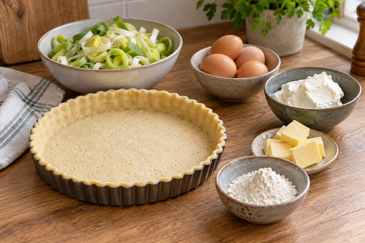 Leeks, eggs and cream cheese beside a pastry case