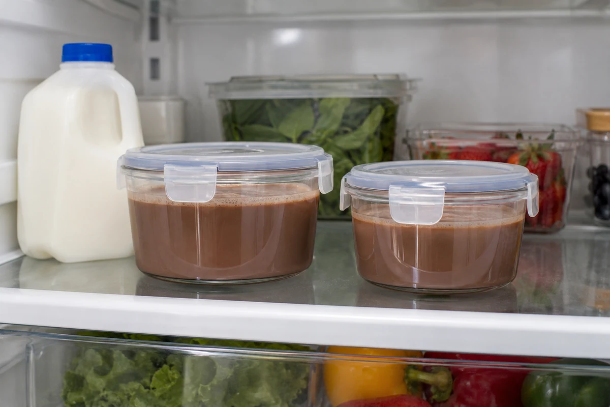 Leftover hot chocolate in covered containers in the fridge Leftover hot chocolate in covered containers in the fridge