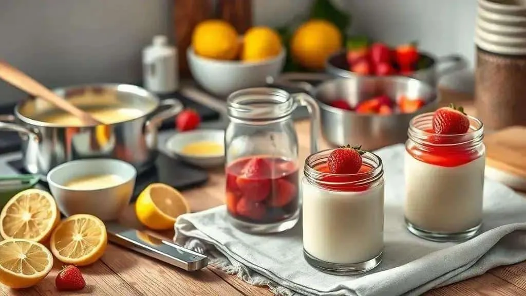 Lemon panna cotta jars topped with strawberry compote
