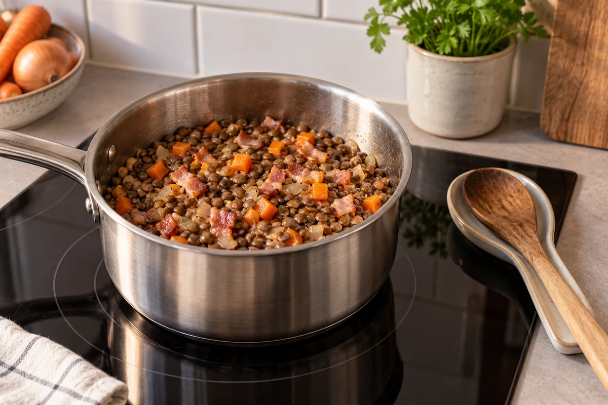 Lentil and carrot stew cooking in a saucepan