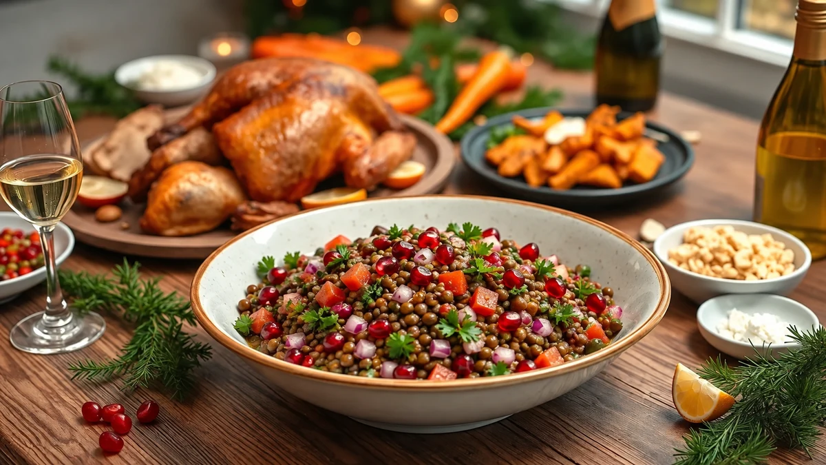 Lentil and tomato salad on a festive dinner table