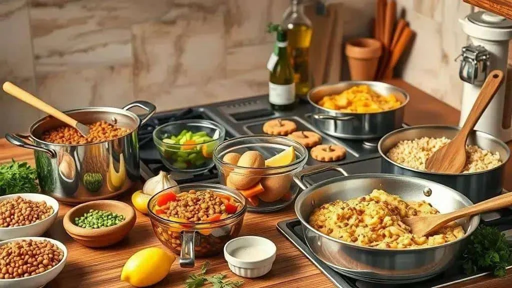 Lentil dishes in a kitchen