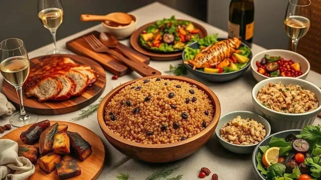 Lentil farofa served with roast meat, fish and vegetables