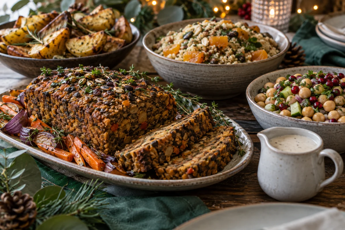 Lentil loaf, chickpeas and festive vegetables