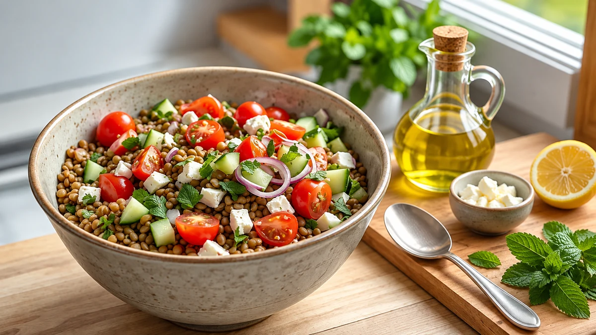 Lentil mint and feta salad with olive oil dressing