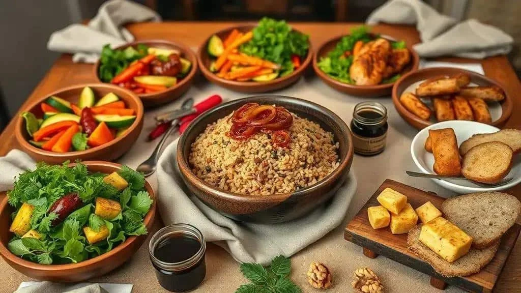 Lentil rice served with a selection of side dishes