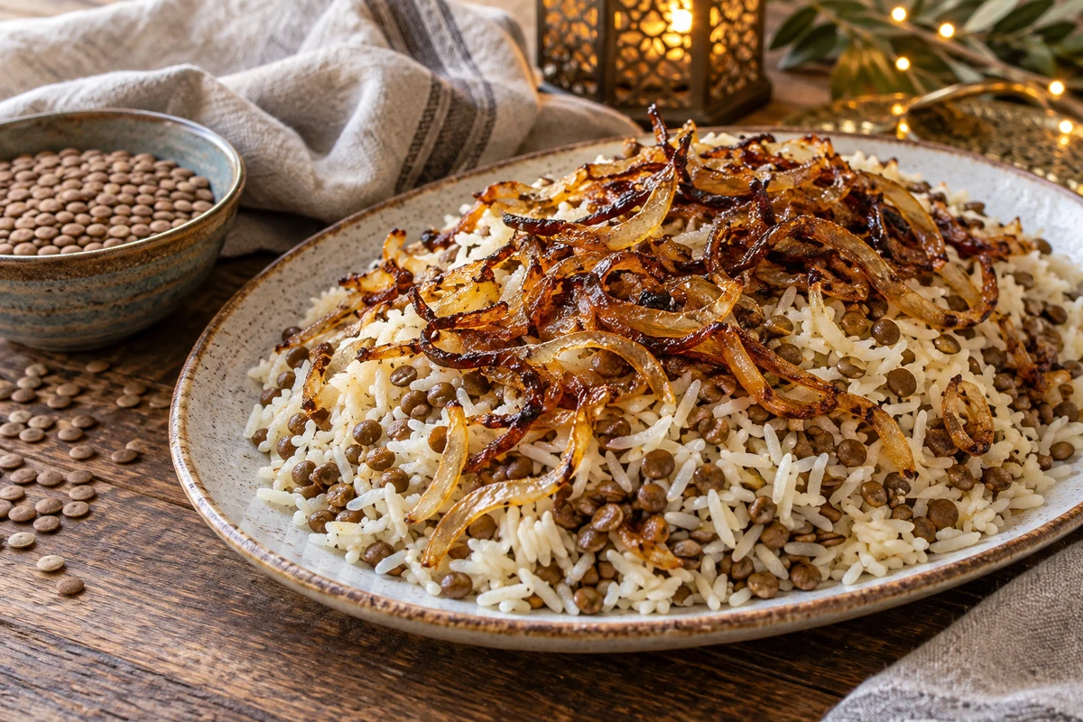 Lentil rice topped with caramelised onions