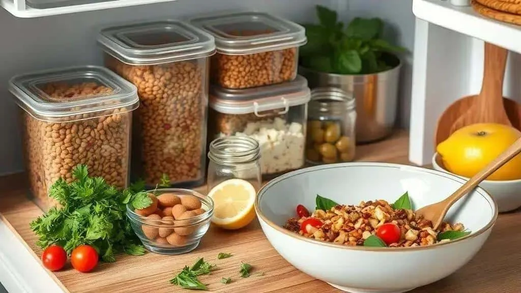 Lentil salad ingredients prepared for chilled storage Lentil salad ingredients prepared for chilled storage