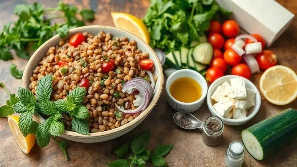 Lentil salad ingredients with fresh mint tomato and cucumber