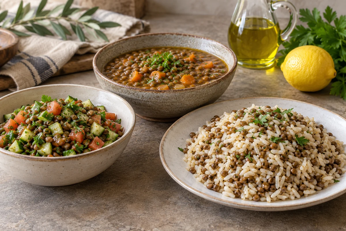 Lentil salad stew and rice dishes