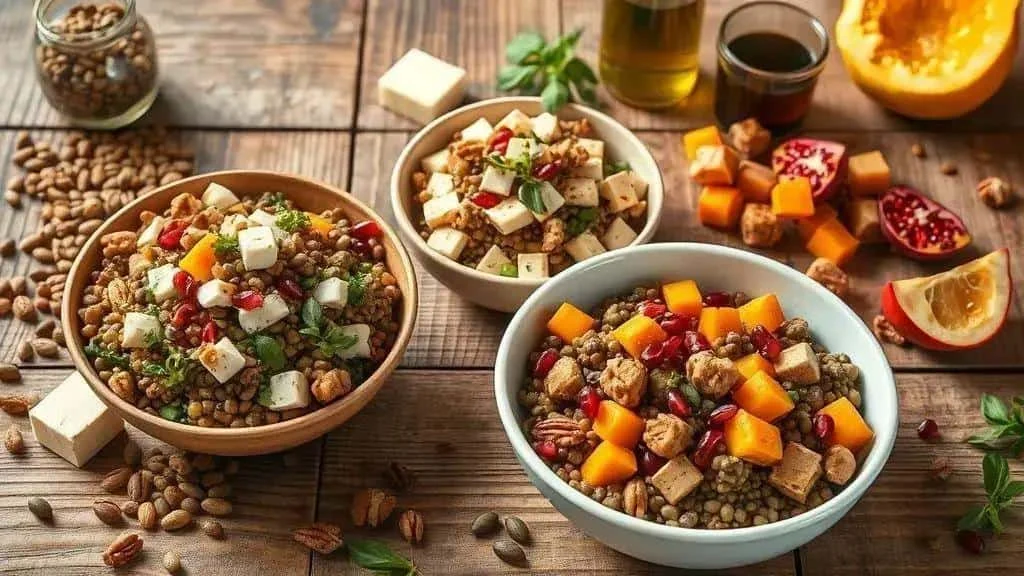 Lentil salad variations with feta tofu and roasted squash