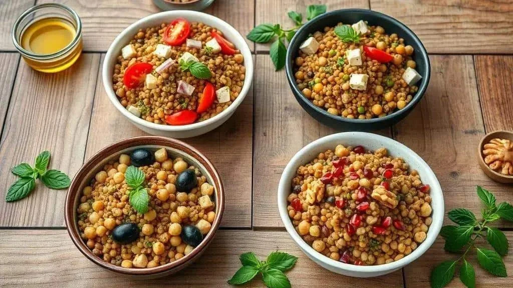 Lentil salad variations with herbs vegetables and fruit