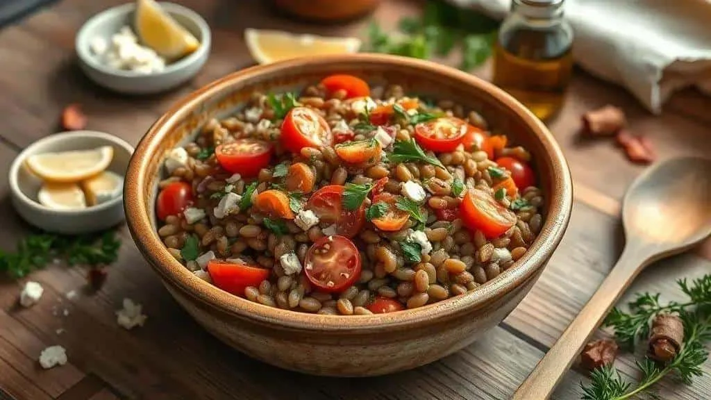Lentil salad with cherry tomatoes, herbs and crumbled cheese