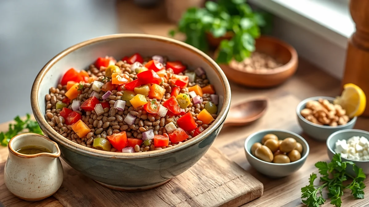 Lentil salad with diced vegetables and a jug of dressing Lentil salad with diced vegetables and a jug of dressing